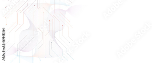 AI semiconductor with neon square frame and circuit board with white thin line wires and components.