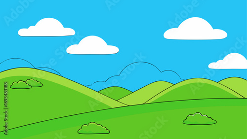 Cartoon landscape with hills and clouds up