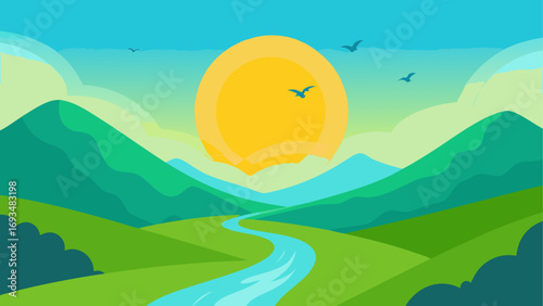 Landscape view of river and mountains sun