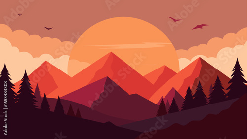 Scenic mountain range with sunset and trees