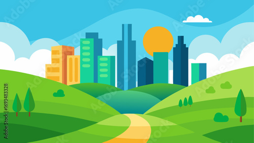 Cityscape with hills and a path leading up