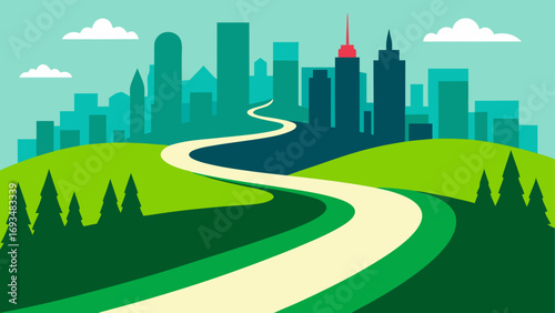 A winding road to a distant city skyline