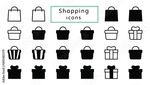Set of 20 Black and White Outline and Filled Icons for Shopping bags gifts