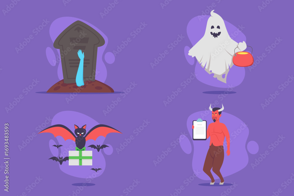 Obraz premium Vibrant collection of Halloween festivities, featuring ghost, grave, bat, and devil. Each character embodying playful spirit of party atmosphere