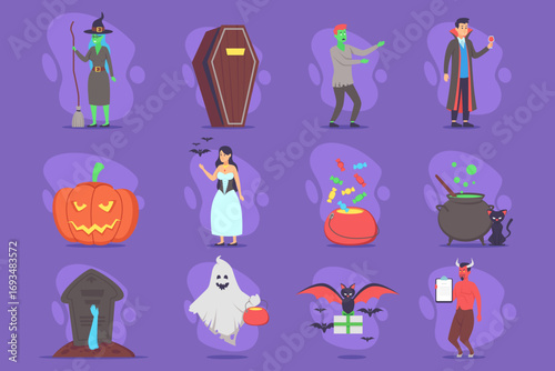 Colorful illustrations of Halloween celebration featuring various characters like witches, ghosts, and pumpkins