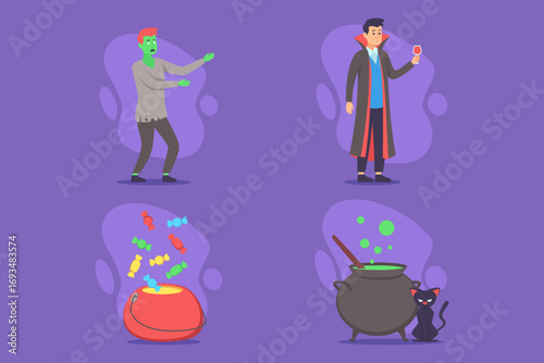 Colorful characters partaking in Halloween celebration. Zombie moving playfully while vampire raising glass. Cauldron steaming near black cat, adding festive charm to e collection