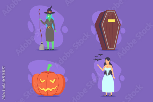 Vibrant collection of Halloween decorations featuring witch, coffin, carved pumpkin, and woman vampire. Perfect for festive celebrations and parties