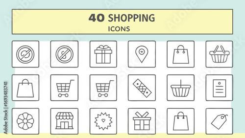 Shopping Icons Set Featuring Gift Bags Shopping Carts and Price Tags gift box