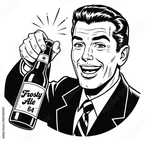 Vintage illustration of a smiling man holding up a bottle of Frosty Ale beer.
