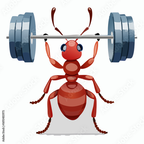 Cartoon ant lifting heavy barbell with determination, showcasing strength and perseverance in a humorous way.