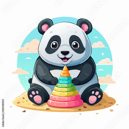 Cute panda playing with colorful stacking rings on a sandy beach under a bright blue sky, creating a cheerful and playful scene.