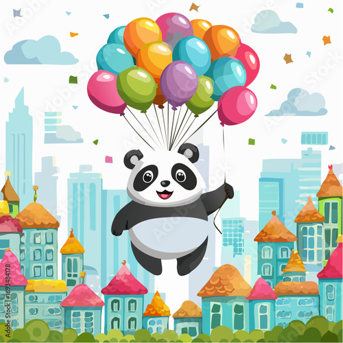 Cute panda bear floats over colorful city skyline holding bunch of vibrant balloons, celebrating a festive occasion with joy and whimsy.
