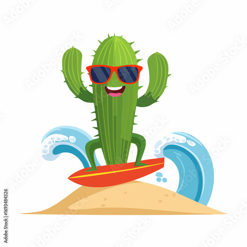Happy cactus surfing on a red board in the ocean waves near a sandy beach, enjoying a fun summer vacation.