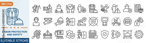 Labor protection and safety Outline Vector Icon Collection. A set of outline icons related to Insurance, Fire exit, Notification, Safety signs, Overalls and more. Editable stroke. Vector illustration