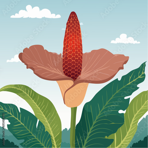 Corpse flower blooms in lush jungle environment, showcasing its unique and striking appearance against a backdrop of mountains and sky.