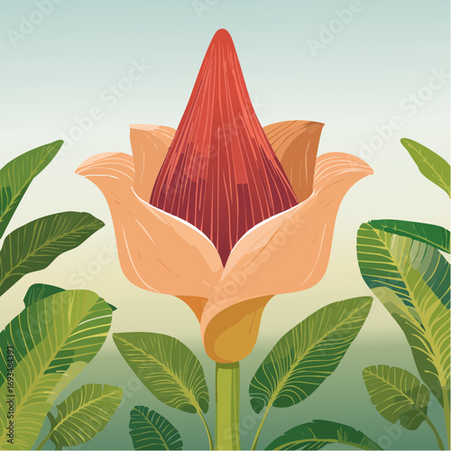 Torch ginger flower blooms in lush tropical garden, showcasing vibrant colors and unique shape against a soft, dreamy backdrop.