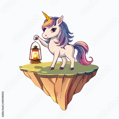 Cute unicorn holding a lantern standing on a floating island casting a warm glow, creating a magical and whimsical scene.