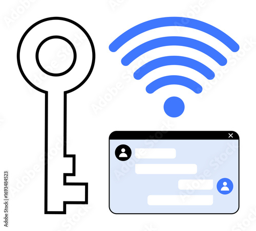 Key, wireless signal, and chat window suggesting online security, network connection, identity verification, communication, privacy, data encryption, and simple landing page