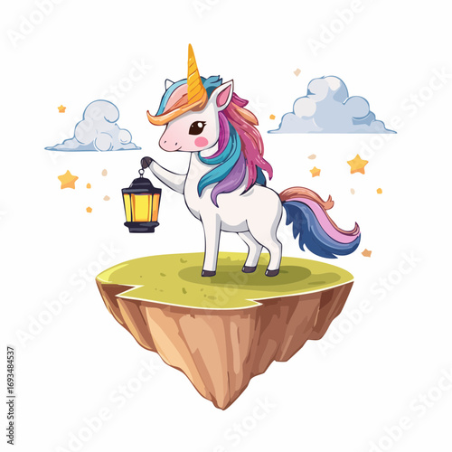 Cute unicorn holding a lantern stands on a floating island under a starry sky, creating a whimsical and magical scene.