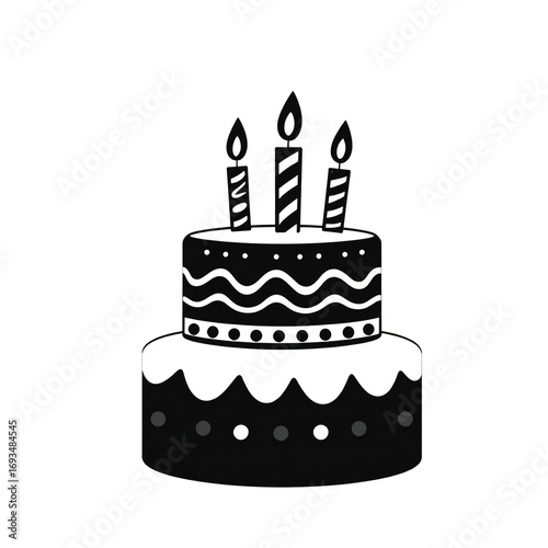 Simple black and white two tier birthday cake with candles illustration