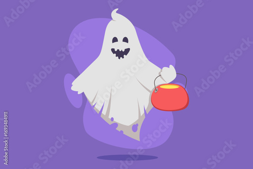 Playful ghost character against purple background, cheerfully holding candy bucket. Halloween celebrations and festivities concept