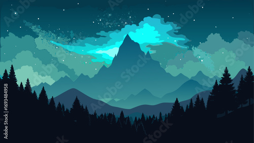 Mountain range landscape at night scene