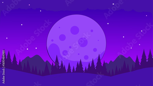 Purple moon over the mountain and trees