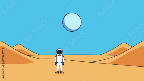 Astronaut standing in desert with moon up