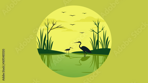 Herons in a peaceful pond at sunset time