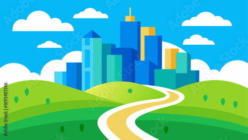 Cityscape with road and cloudy sky above