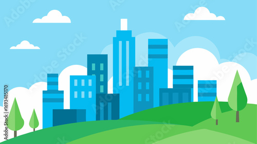 Cityscape with buildings and green hills