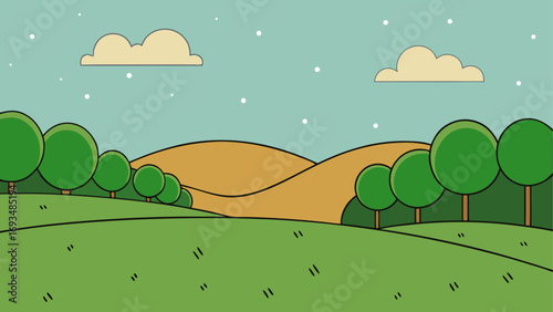 Cartoon landscape with hills and trees art