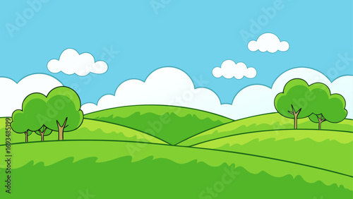 Cartoon landscape with trees and clouds