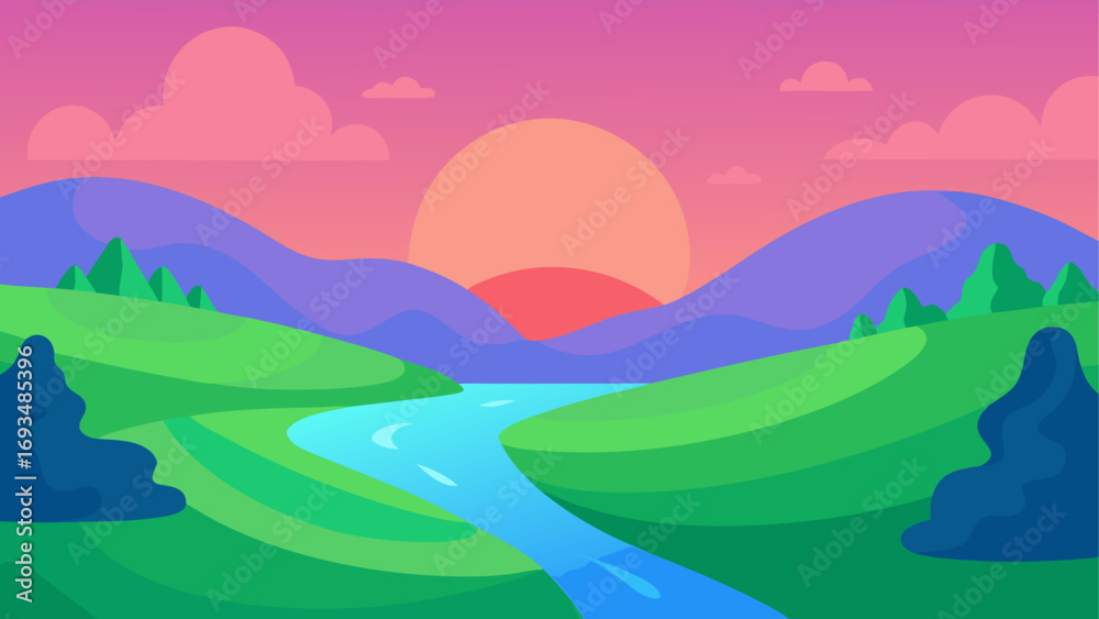 Obraz premium Landscape with river and sunset backdrop