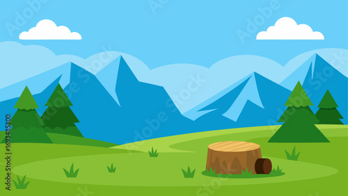 Cartoon landscape with trees and mountains