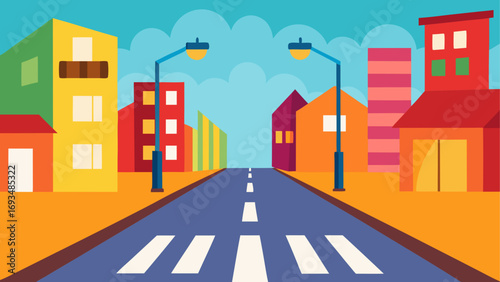 Cartoon city street with colorful buildings
