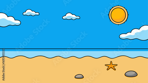 Cartoon beach scene with sun and starfish