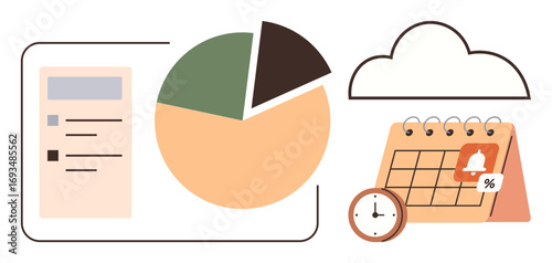 Pie chart, data sheet, clock, calendar with reminder icon, and cloud storage. Ideal for business planning, time management, analytics, task organization data sharing finance and productivity
