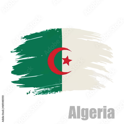 Minimal Abstract Algeria Flag Vector  Brush Stroke Design with Red Crescent and Star on Half Green, Half White Background