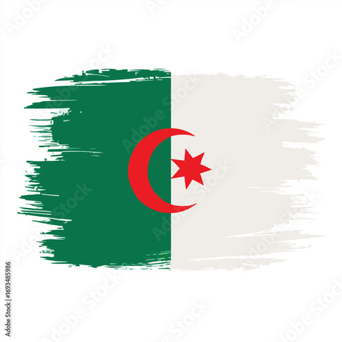 Minimal Abstract Algeria Flag Vector  Brush Stroke Design with Red Crescent and Star on Half Green, Half White Background