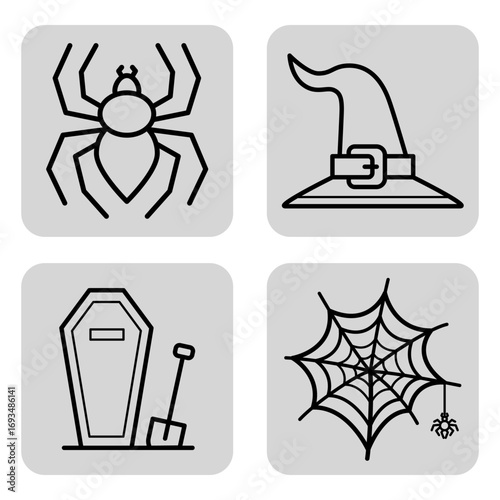 Unique symbols of Halloween captured in set, showcasing spider, witch hat, coffin with shovel, and spider web, perfect for festivals and festive gatherings during this spooky season