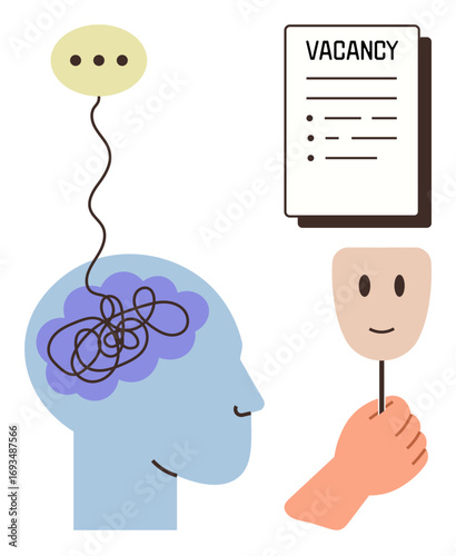 Human profile with tangled brain thoughts, speech bubble, vacancy document, hand holding smiling mask. Ideal for recruitment challenges, workplace stress, mental health, self-perception, job search