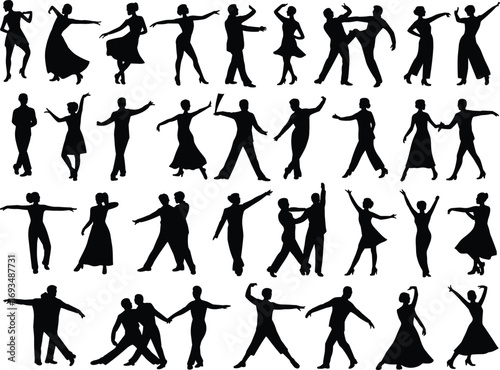 Dance silhouettes, expressive movement, couple poses, dynamic stances, artistic gesture, ballet and ballroom, vector art, flat design, rhythm scene, flat vector illustration
