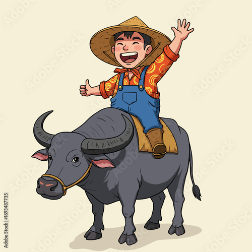 A joyful child in a straw hat rides a calm water buffalo, waving happily in a playful cartoon scene.