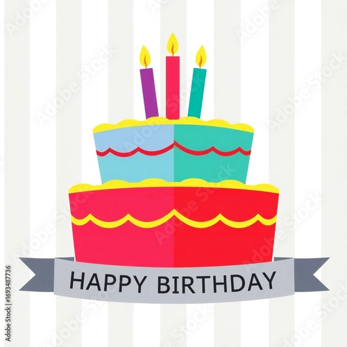 Colorful two tiered birthday cake with candles and happy birthday banner