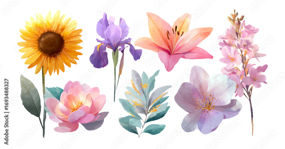 Fototapeta premium Beautiful Floral Collection with Sunflower and Various Elegant Blooms on Transparent Background