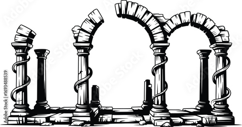Ancient Ruined Arches and Columns, Black and White Illustration