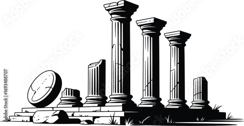 Ancient Greek Ruins: Collapsed Pillars and Stone Fragments