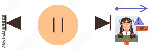 Media playback buttons with a pause icon centered and a warning label for misinformation. Ideal for technology, disinformation, media literacy, news analysis, content moderation, fact-checking