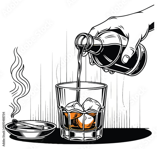 Hand pouring whiskey into a glass with ice, accompanied by a smoking ashtray.